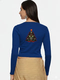 Women Back Printed Stretchable Full Sleeve V Neck RIB Blouse U0192 Royal Blue