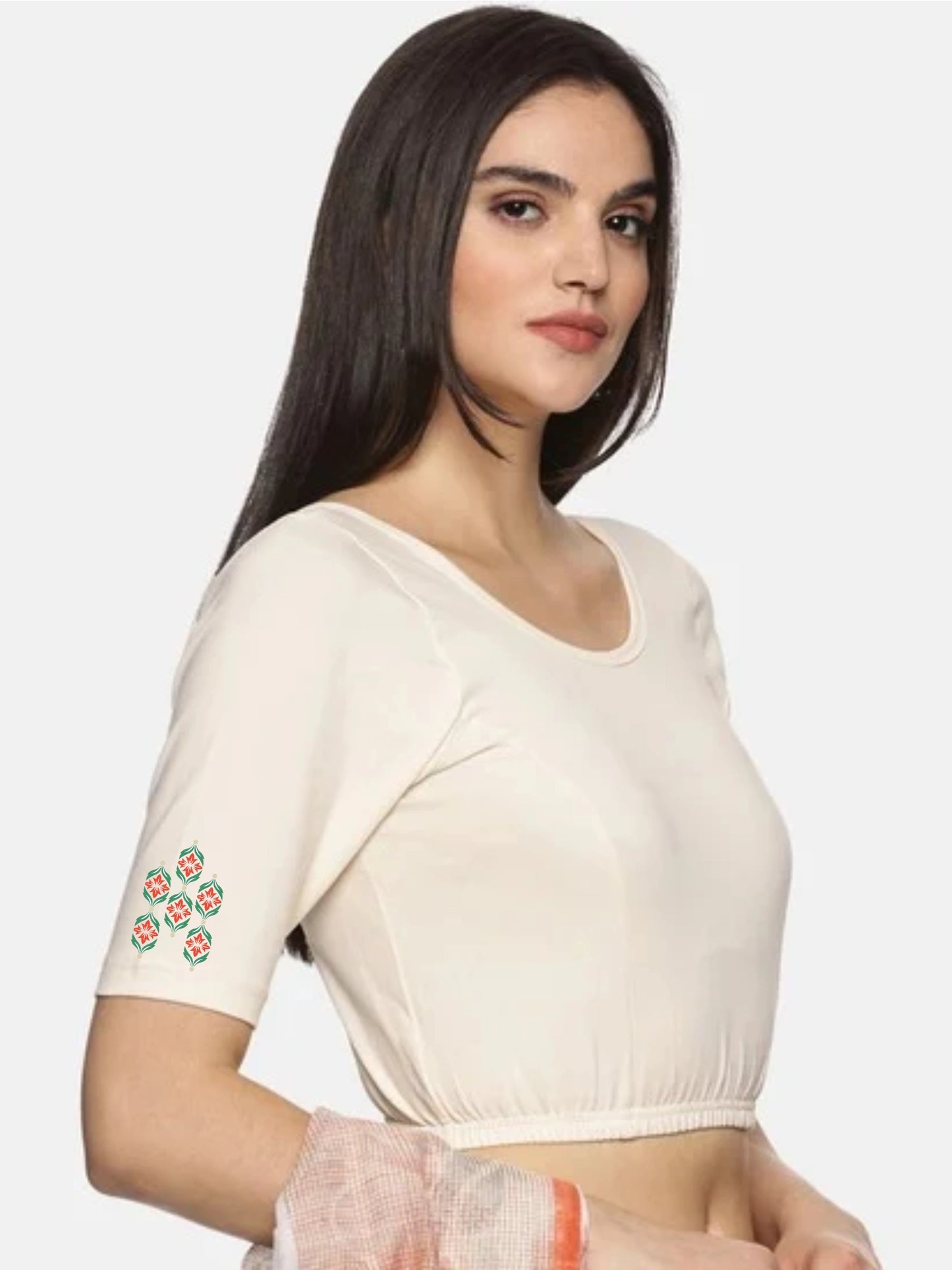 Women Back Printed Stretchable Half Sleeve Blouse U0178 Cream