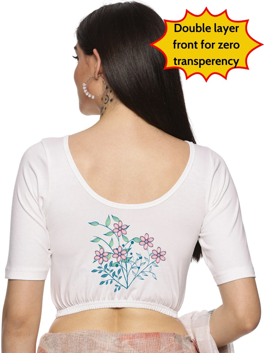 Women Back Printed Stretchable  Half Sleeve Blouse U0225 White