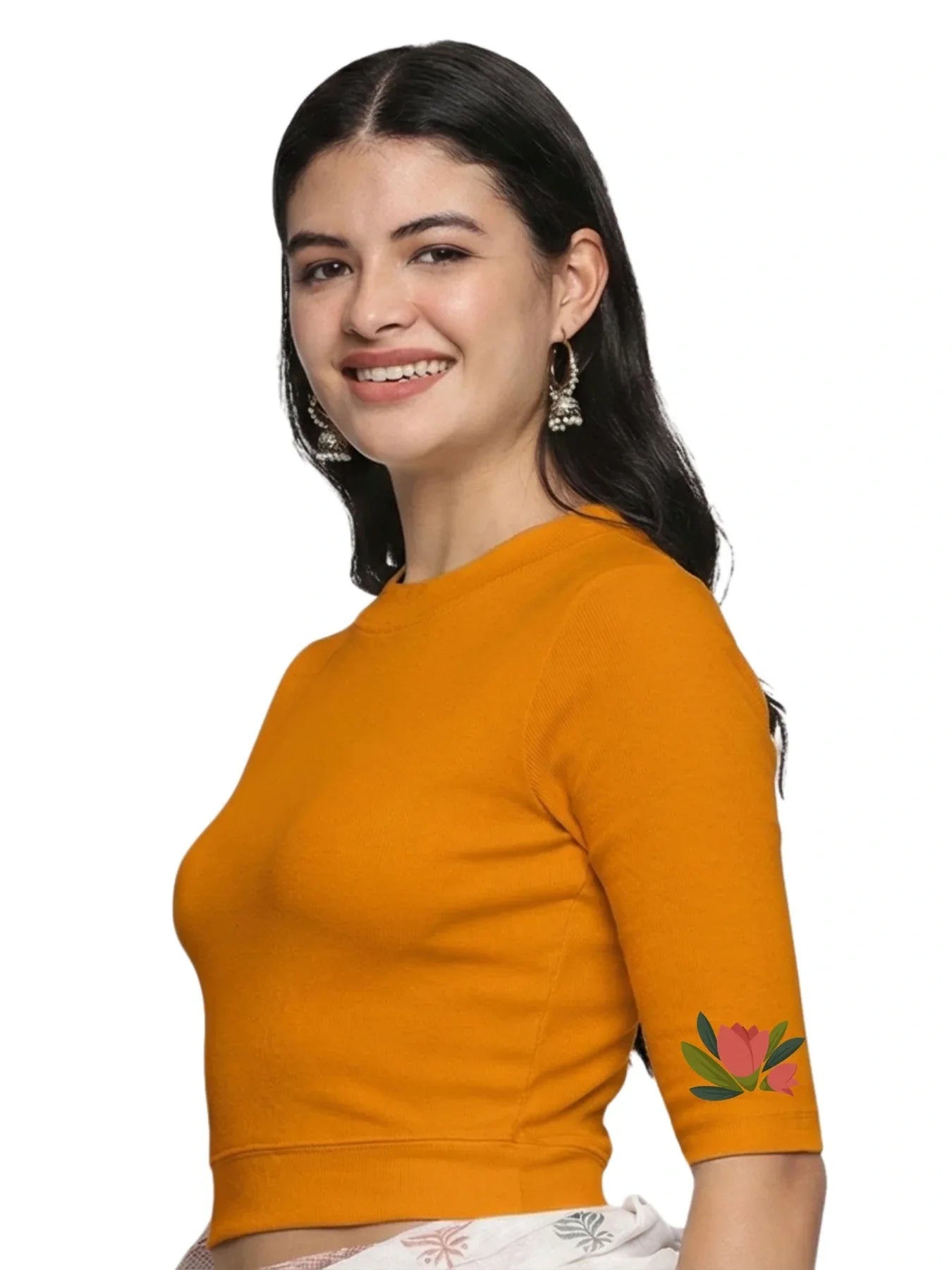 Women Back Printed Stretchable Elbow Sleeve RIB Blouse U0115 - notyetbyus