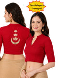 Women Mandarin Collar Back Gold Printed Stretchable Elbow Sleeve Blouse M0283 Red
