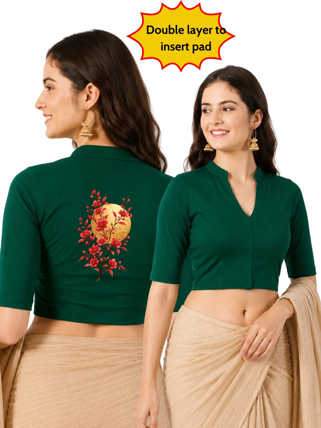 Women Mandarin Collar Back Gold Printed Stretchable Elbow Sleeve Blouse M0278 Bottle Green