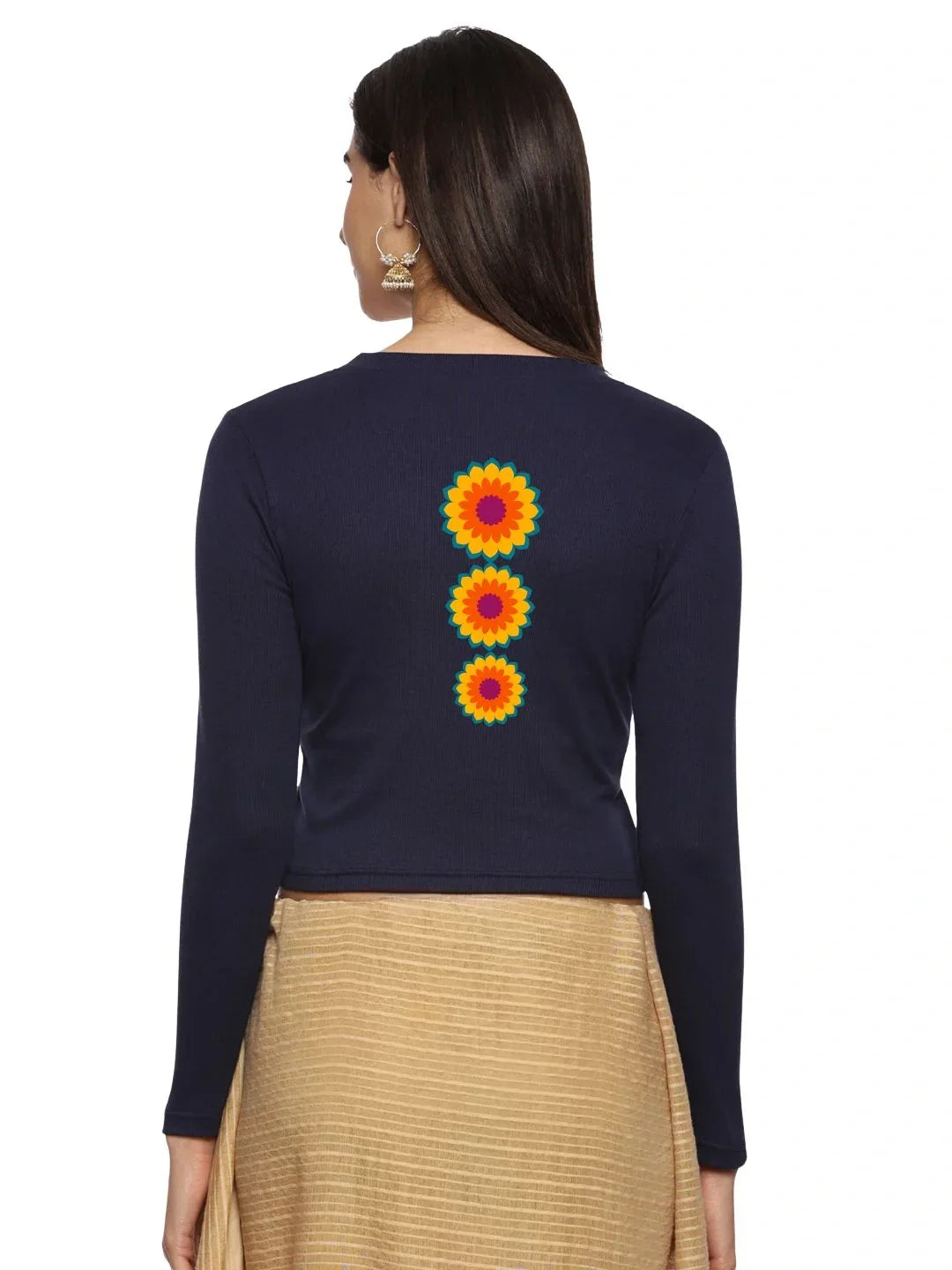 Women Back Printed Stretchable Full Sleeve V Neck RIB Blouse U0213 - notyetbyus