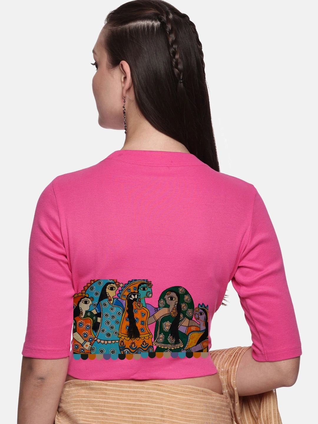 Women Back Printed Stretchable Elbow Sleeve RIB Blouse U0160