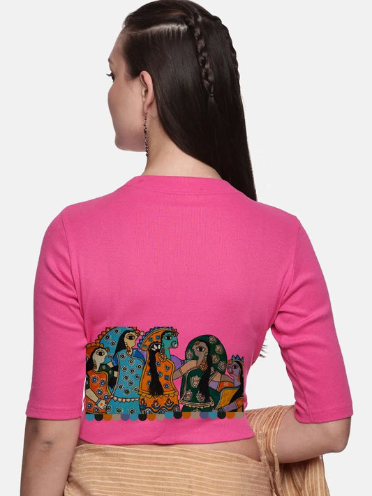 Women Back Printed Stretchable Elbow Sleeve RIB Blouse U0160 - notyetbyus