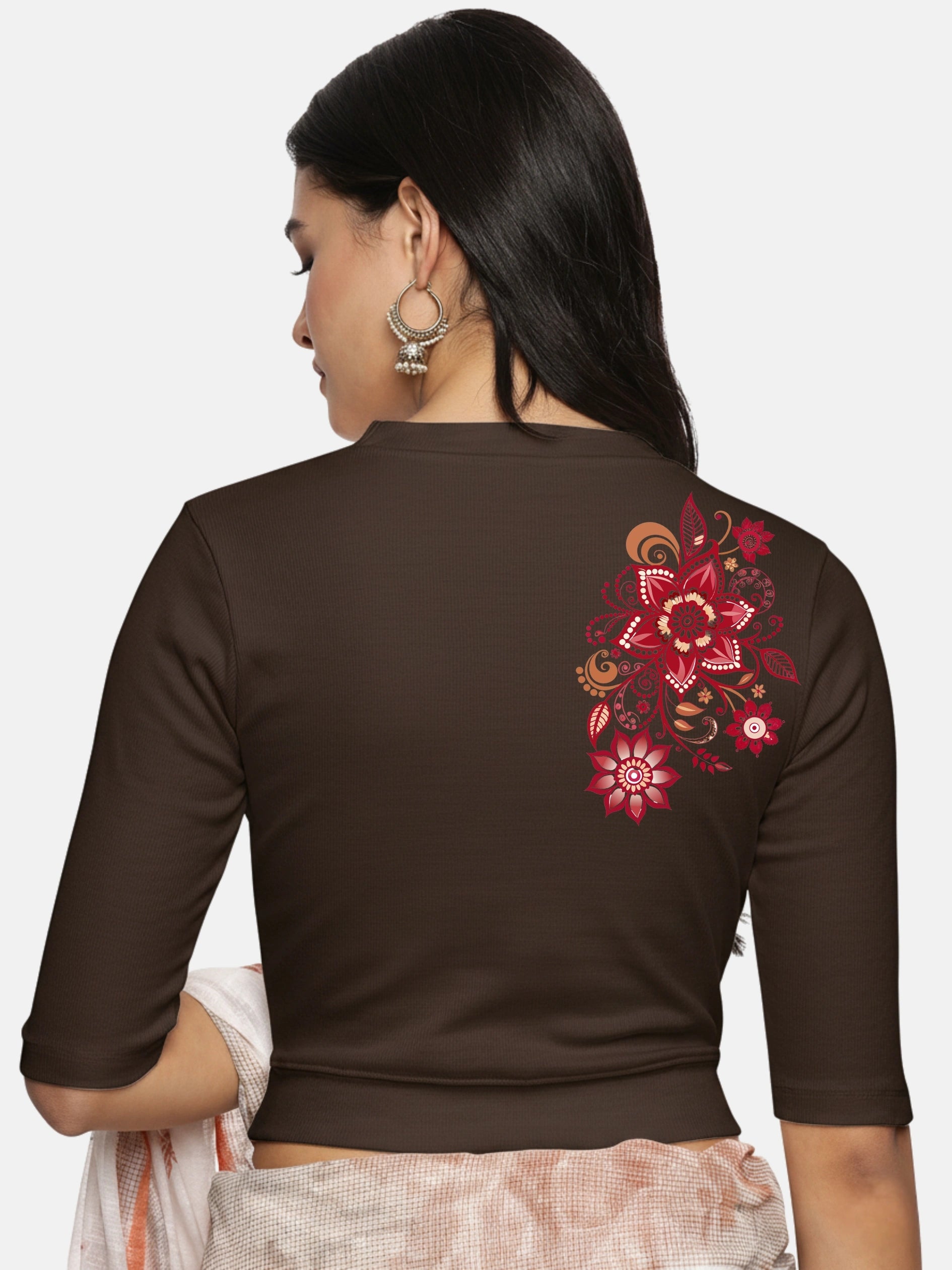 Women Back Printed Stretchable Elbow Sleeve RIB Blouse U0122 - notyetbyus