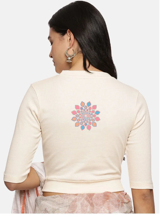 Women Back Printed Stretchable Elbow Sleeve RIB Blouse U0168 - notyetbyus