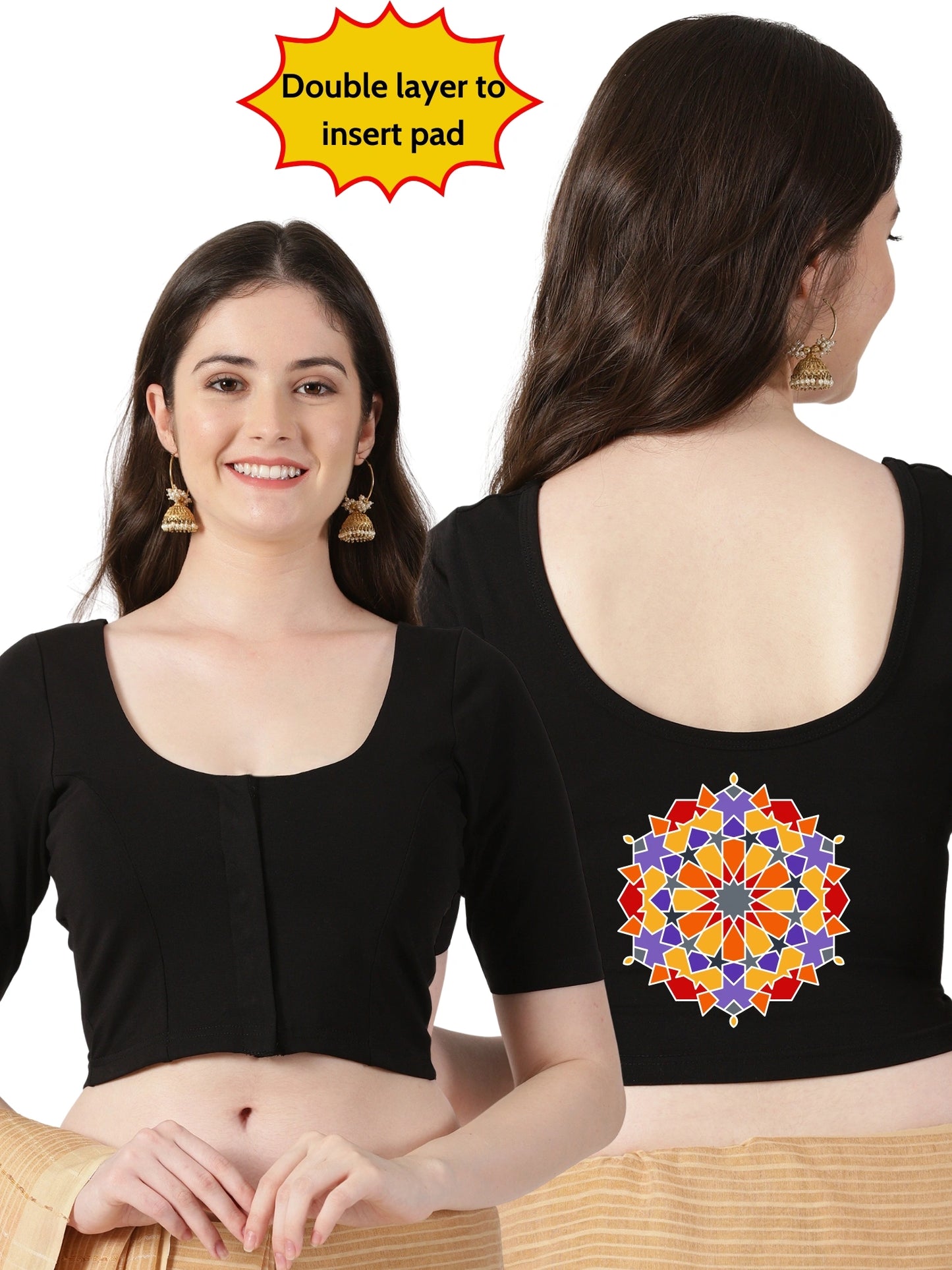 Women Front Open Back Printed Stretchable Half Sleeve Blouse U0266 Black