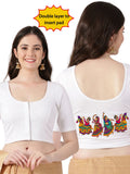 Women Front Open Back Printed Stretchable Half Sleeve Blouse U0260 White