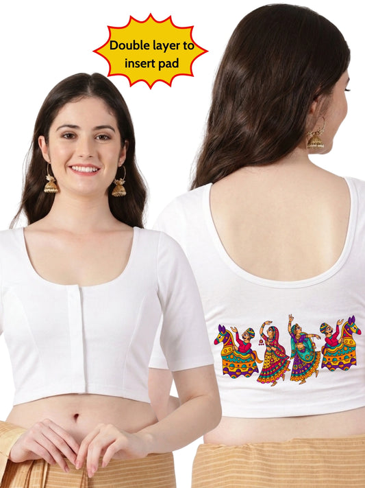 Women Front Open Back Printed Stretchable Half Sleeve Blouse U0260 White