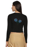 Women Back Printed Stretchable Full Sleeve V Neck RIB Blouse U0216 Black