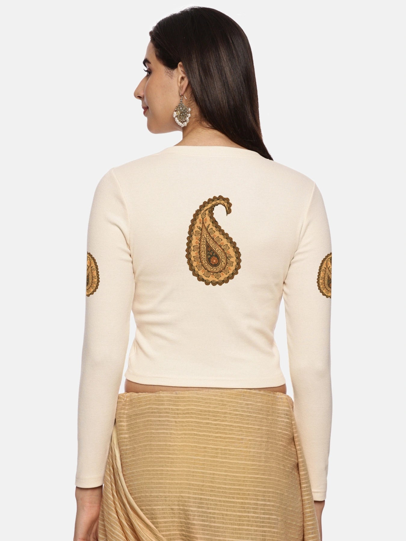 Women Back Printed Stretchable Full Sleeve V Neck RIB Blouse U0186