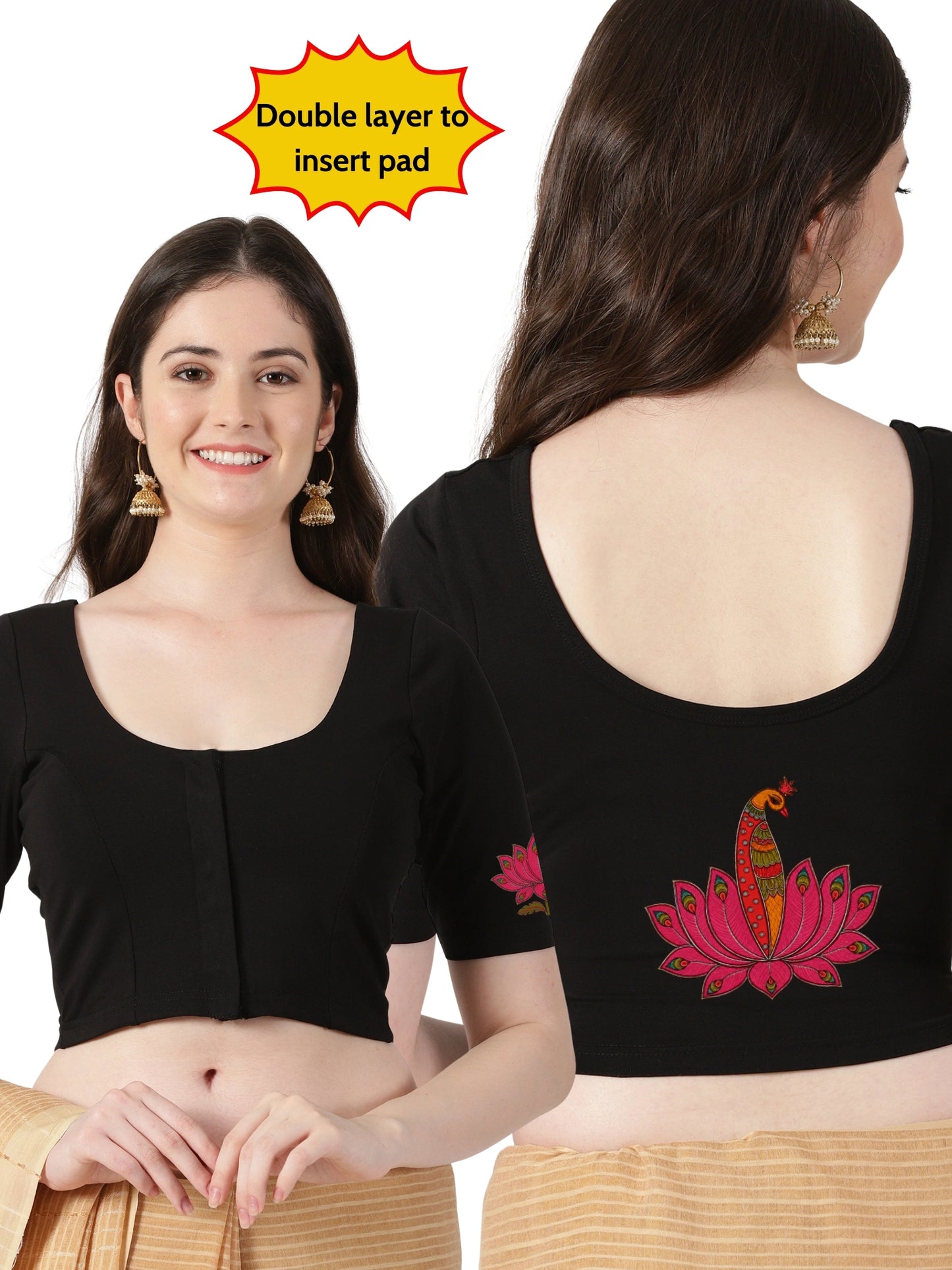 Women Front Open Back Printed Stretchable Half Sleeve Blouse U0259 Black