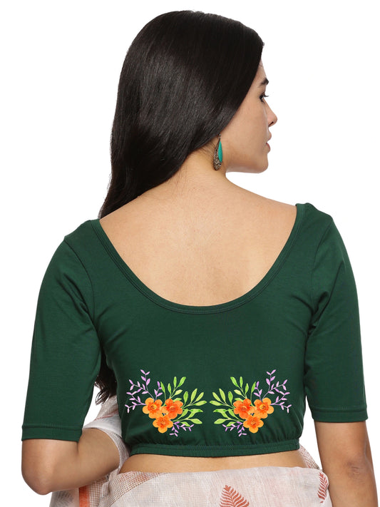 Women Back Printed Stretchable Half Sleeve Blouse U0227 Bottle Green