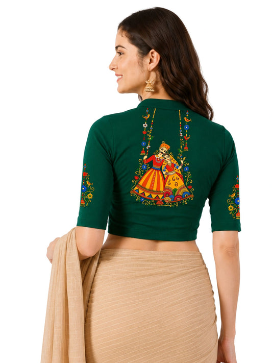 Women Mandarin Collar Back Printed Stretchable Elbow Sleeve Blouse U0267 Bottle Green