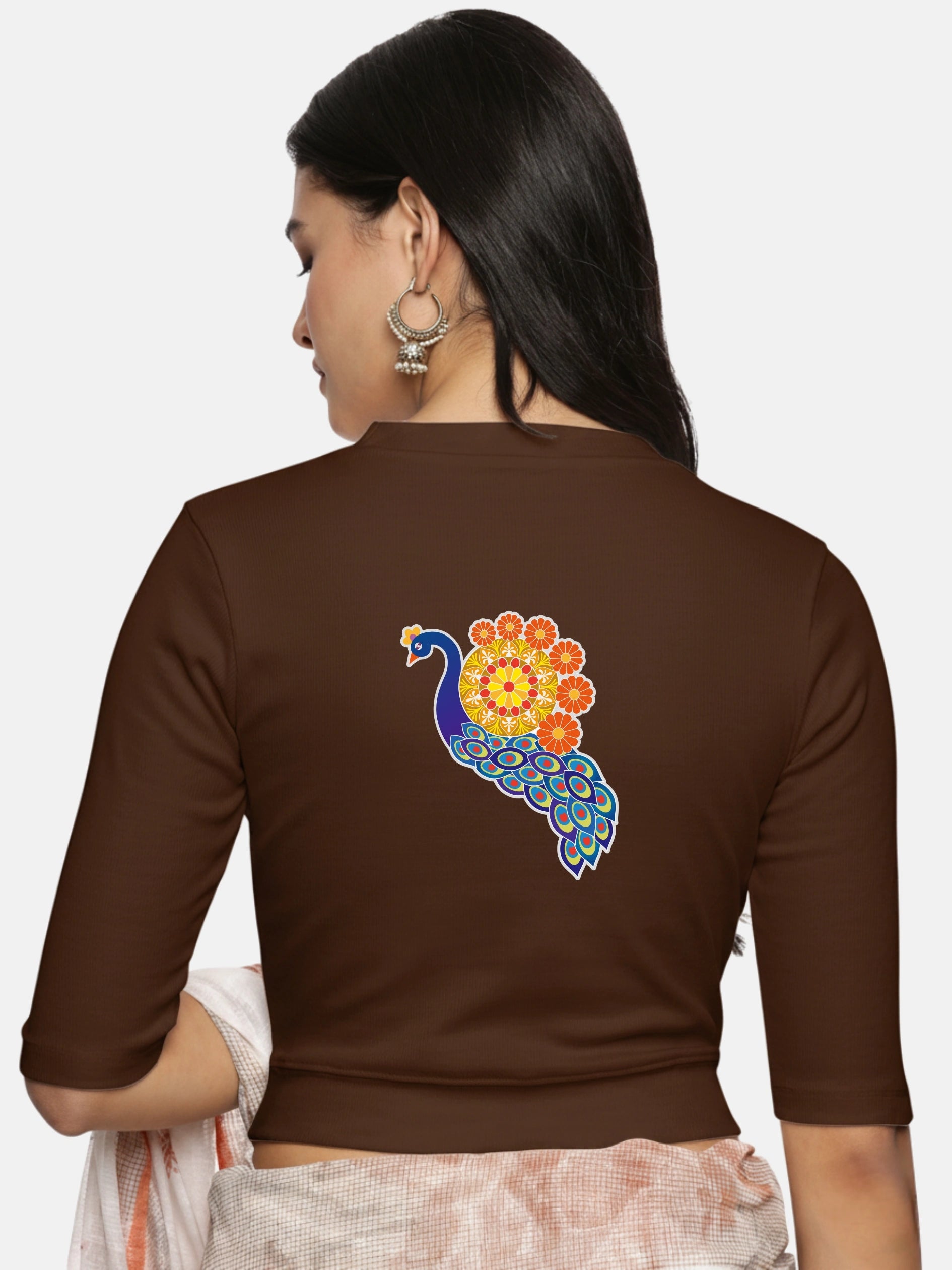 Women Back Printed Stretchable Elbow Sleeve RIB Blouse U0146 - notyetbyus