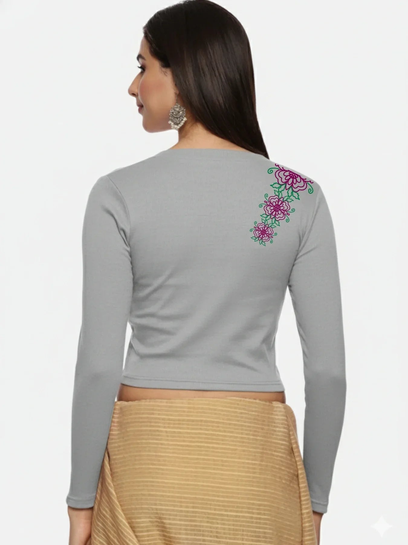 Women Back Printed Stretchable Full Sleeve V Neck RIB Blouse U0212 - notyetbyus