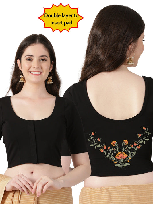 Women Front Open Back Printed Stretchable Half Sleeve Blouse U0264 Black
