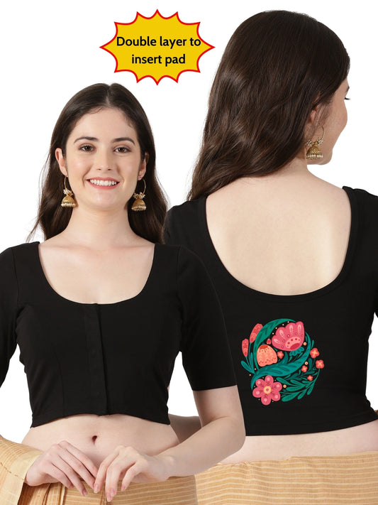 Women Front Open Back Printed Stretchable Half Sleeve Blouse U0265 Black