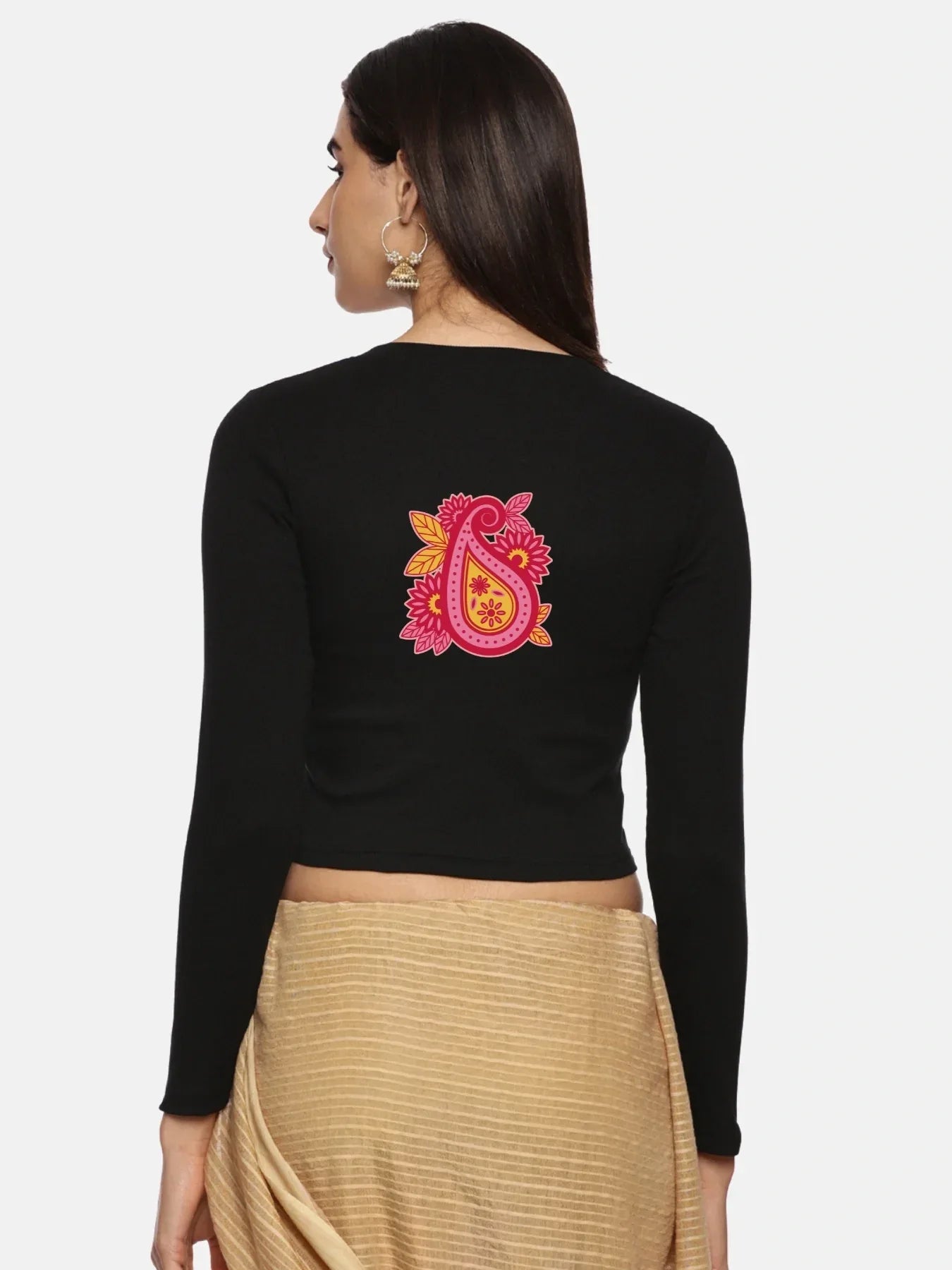 Women Back Printed Stretchable Full Sleeve V Neck RIB Blouse U0218 - notyetbyus