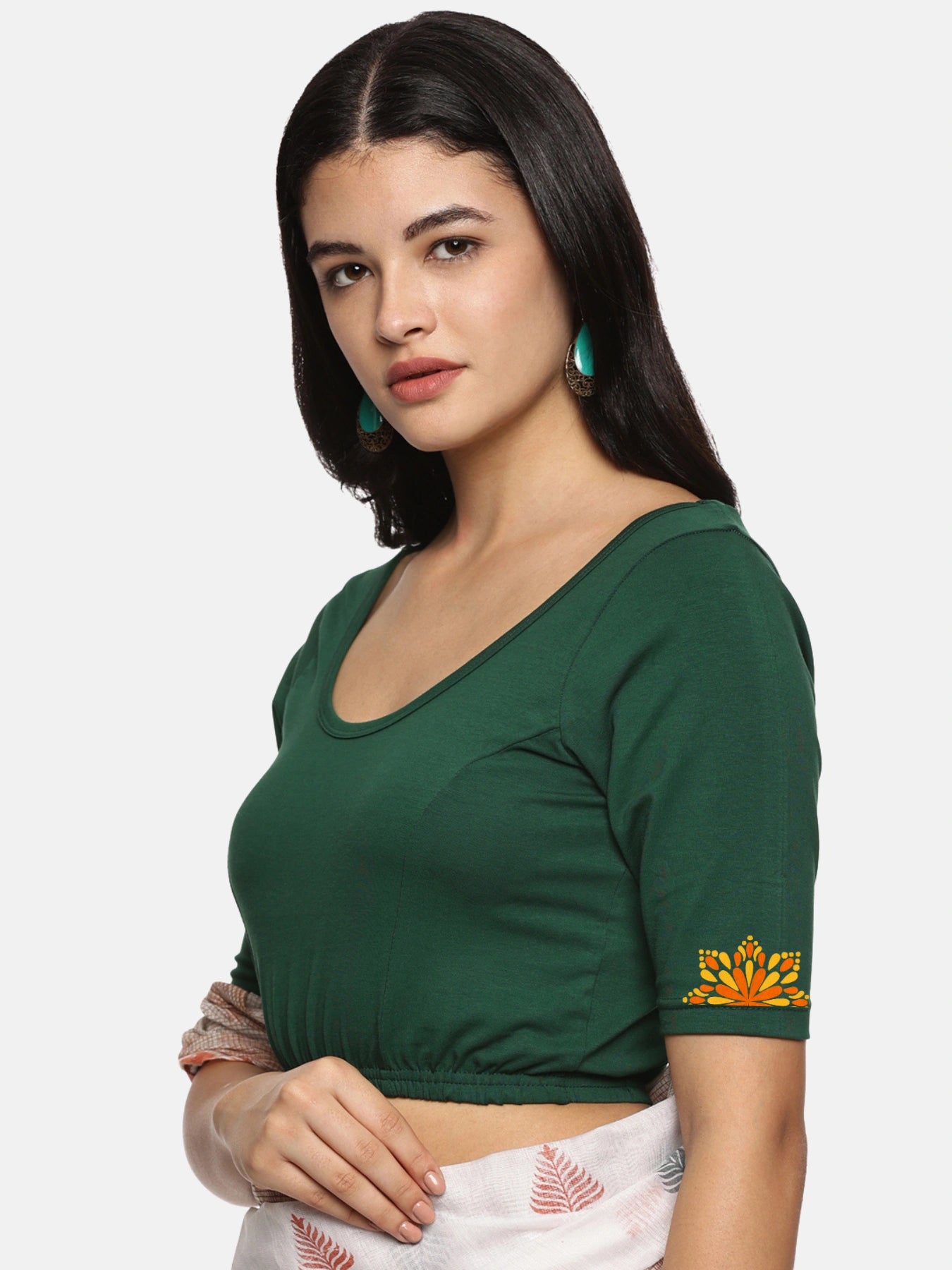 Women Back Printed Stretchable Half Sleeve Blouse U0175 Bottle Green