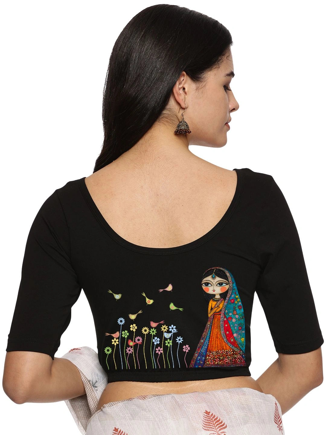 Women Back Printed Stretchable Half Sleeve  Blouse U0223 Black