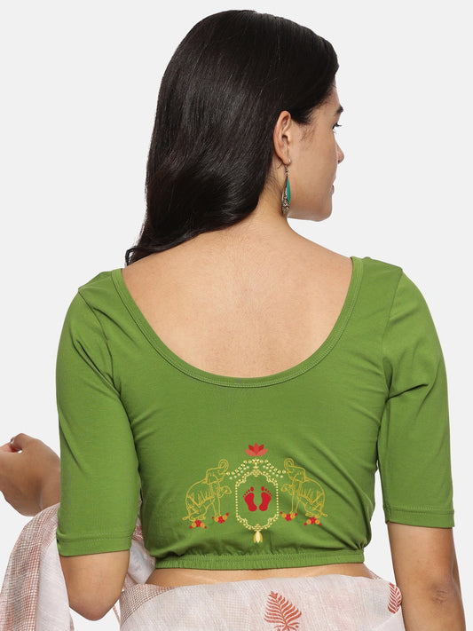 Women Back Printed Stretchable  Half Sleeve Blouse U084 Mehndi Green