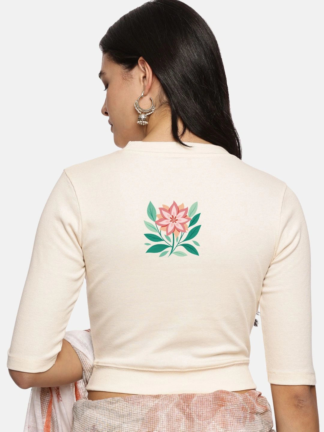Women Back Printed Stretchable Elbow Sleeve RIB Blouse U0155
