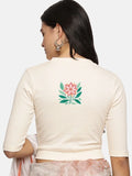 Women Back Printed Stretchable Elbow Sleeve RIB Blouse U0155 Cream