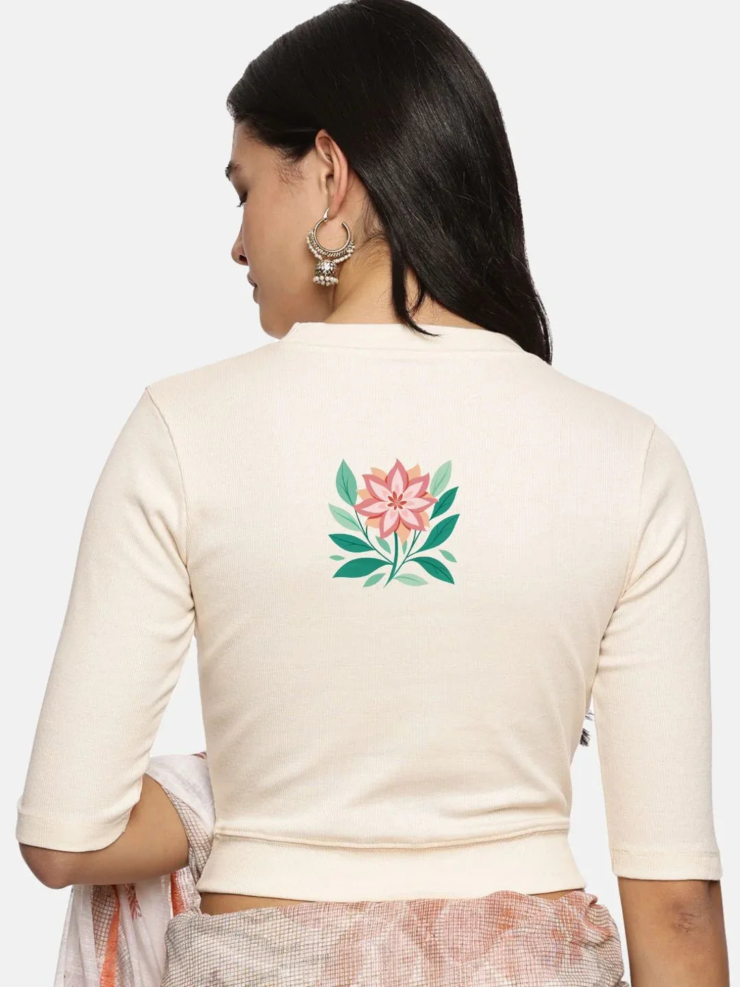 Women Back Printed Stretchable Elbow Sleeve RIB Blouse U0155 - notyetbyus