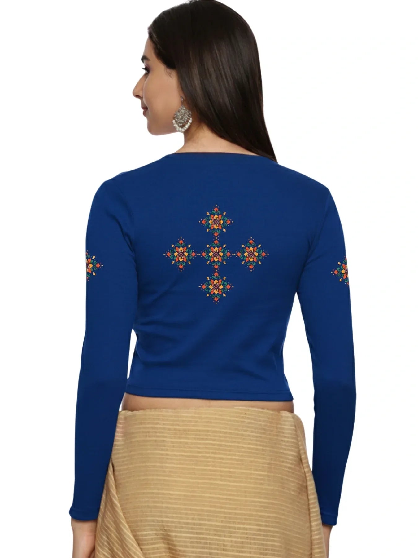 Women Back Printed Stretchable Full Sleeve V Neck RIB Blouse U0215 - notyetbyus