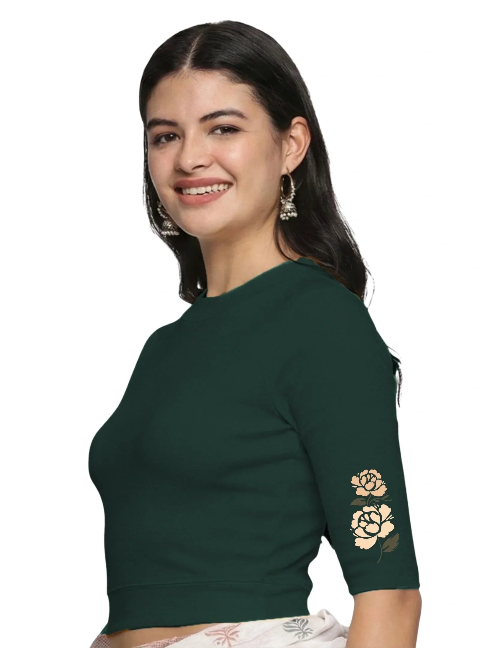 Women Back Printed Stretchable Elbow Sleeve RIB Blouse U0114 - notyetbyus