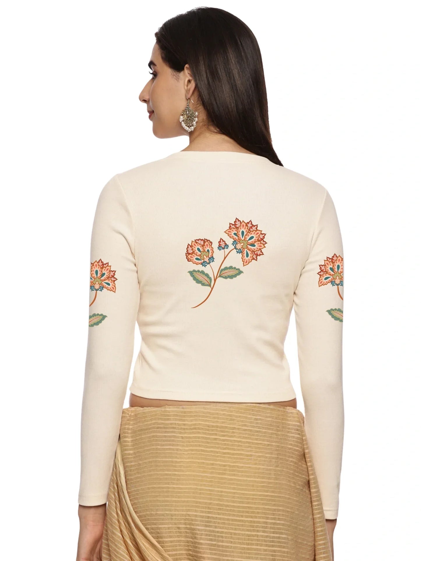 Women Back Printed Stretchable Full Sleeve V Neck RIB Blouse U0211 - notyetbyus