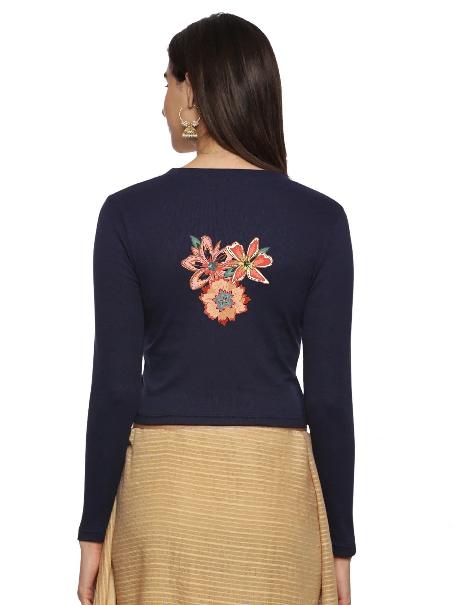 Women Back Printed Stretchable Full Sleeve V Neck RIB Blouse U0214 - notyetbyus