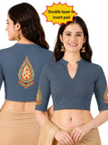 Women Mandarin Collar Back Printed Stretchable Elbow Sleeve Blouse U0279 Elephant Grey