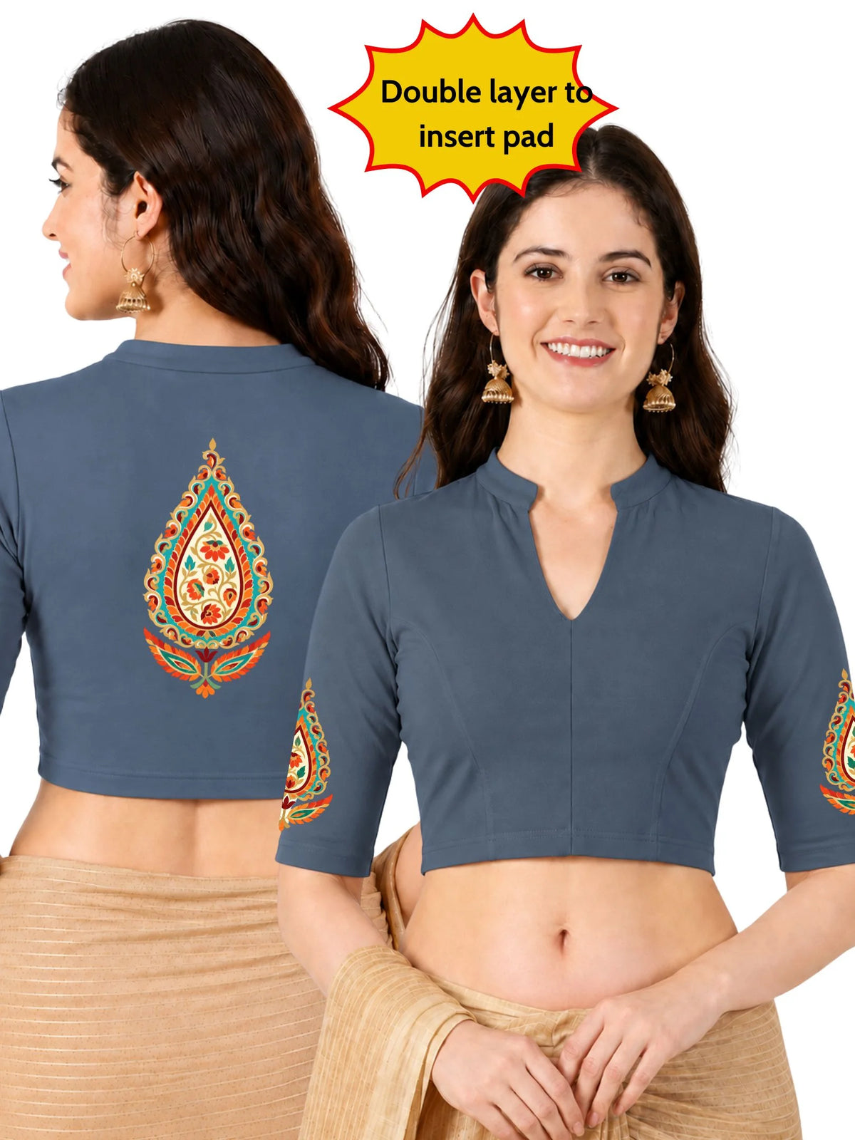 Women Mandarin Collar Back Printed Stretchable Elbow Sleeve Blouse U0279 Elephant Grey