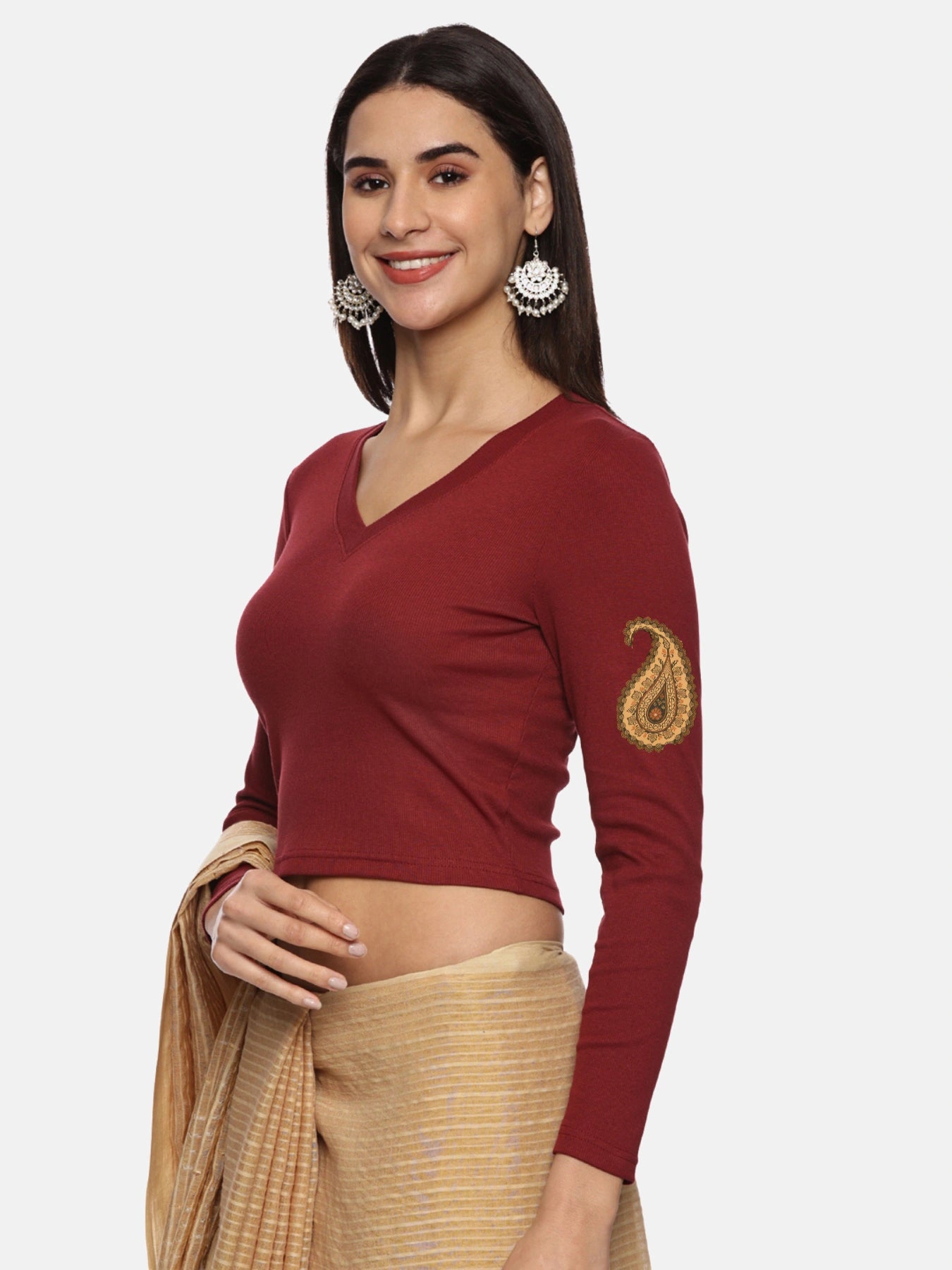 Women Back Printed Stretchable Full Sleeve V Neck RIB Blouse U0186 Maroon
