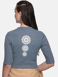Women Back Printed Stretchable Elbow Sleeve RIB Blouse U0170 Elephant Grey