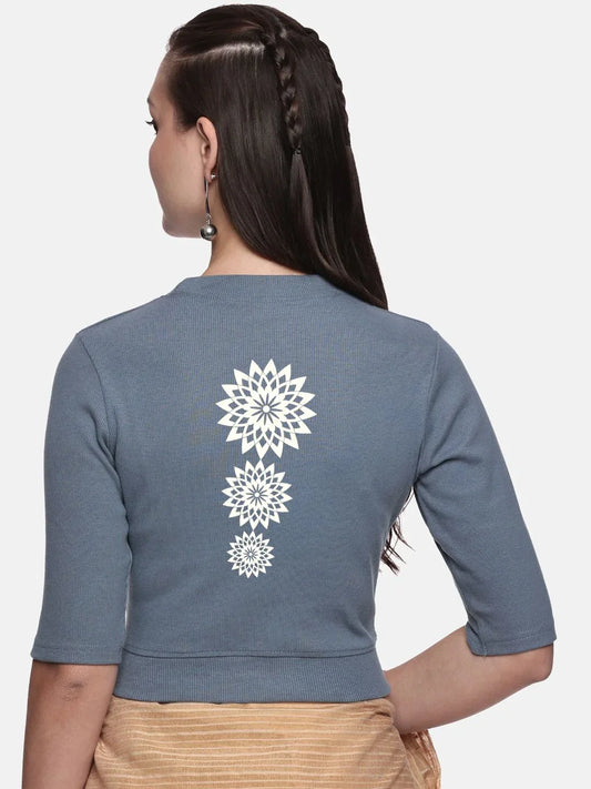Women Back Printed Stretchable Elbow Sleeve RIB Blouse U0170 - notyetbyus