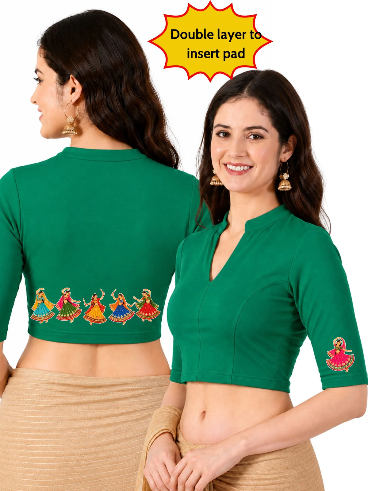 Women Mandarin Collar Back Printed Stretchable Elbow Sleeve Blouse U0281 Emerald Green