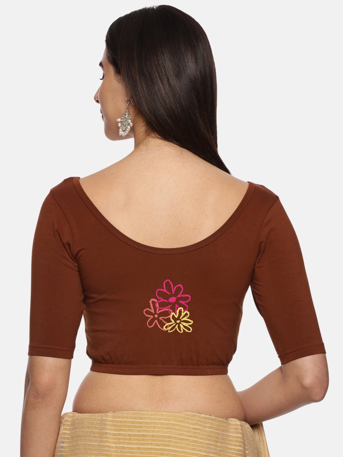 DIY Embroidery Kit with Women Stretchable Half Sleeve Blouse E06 – Honey Brown