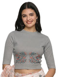 Women Back Printed Stretchable Elbow Sleeve RIB Blouse U0156 LT Steel Grey