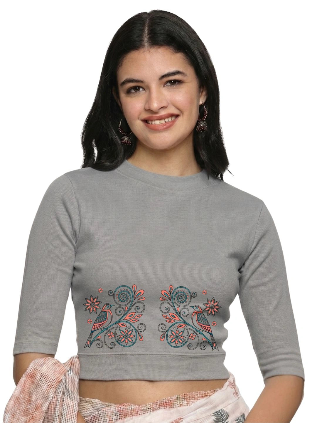 Women Back Printed Stretchable Elbow Sleeve RIB Blouse U0156 LT Steel Grey