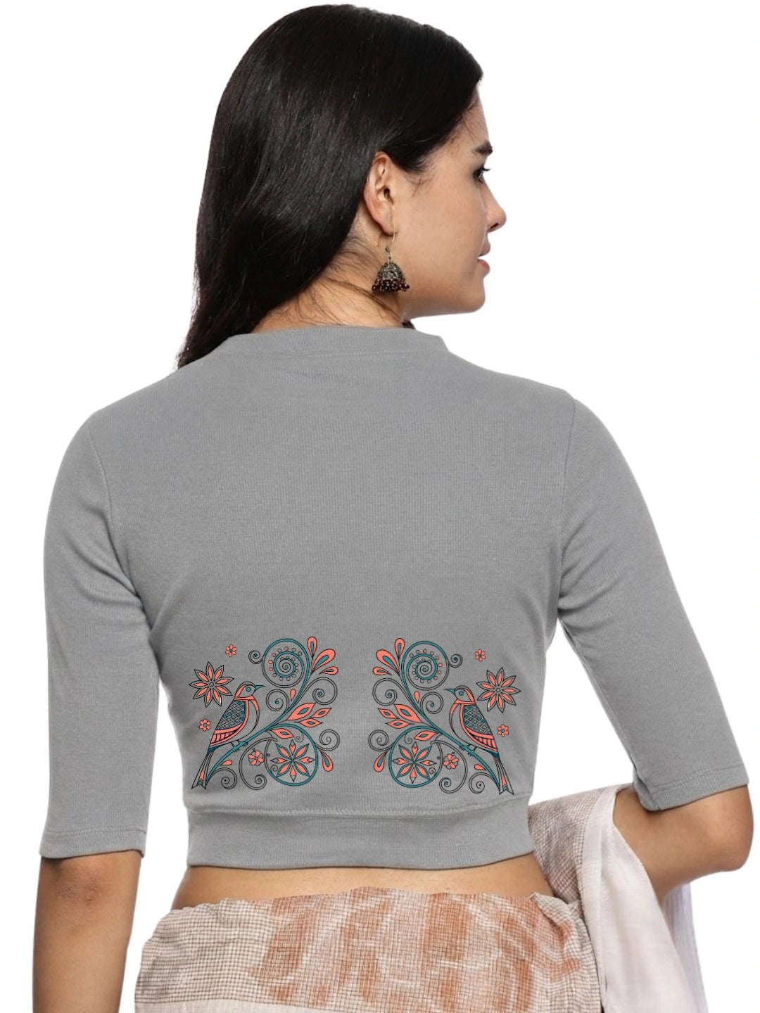 Women Back Printed Stretchable Elbow Sleeve RIB Blouse U0156 LT Steel Grey