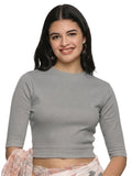 Women Plain Stretchable Elbow Sleeve RIB Blouse U0121 LT Steel Grey