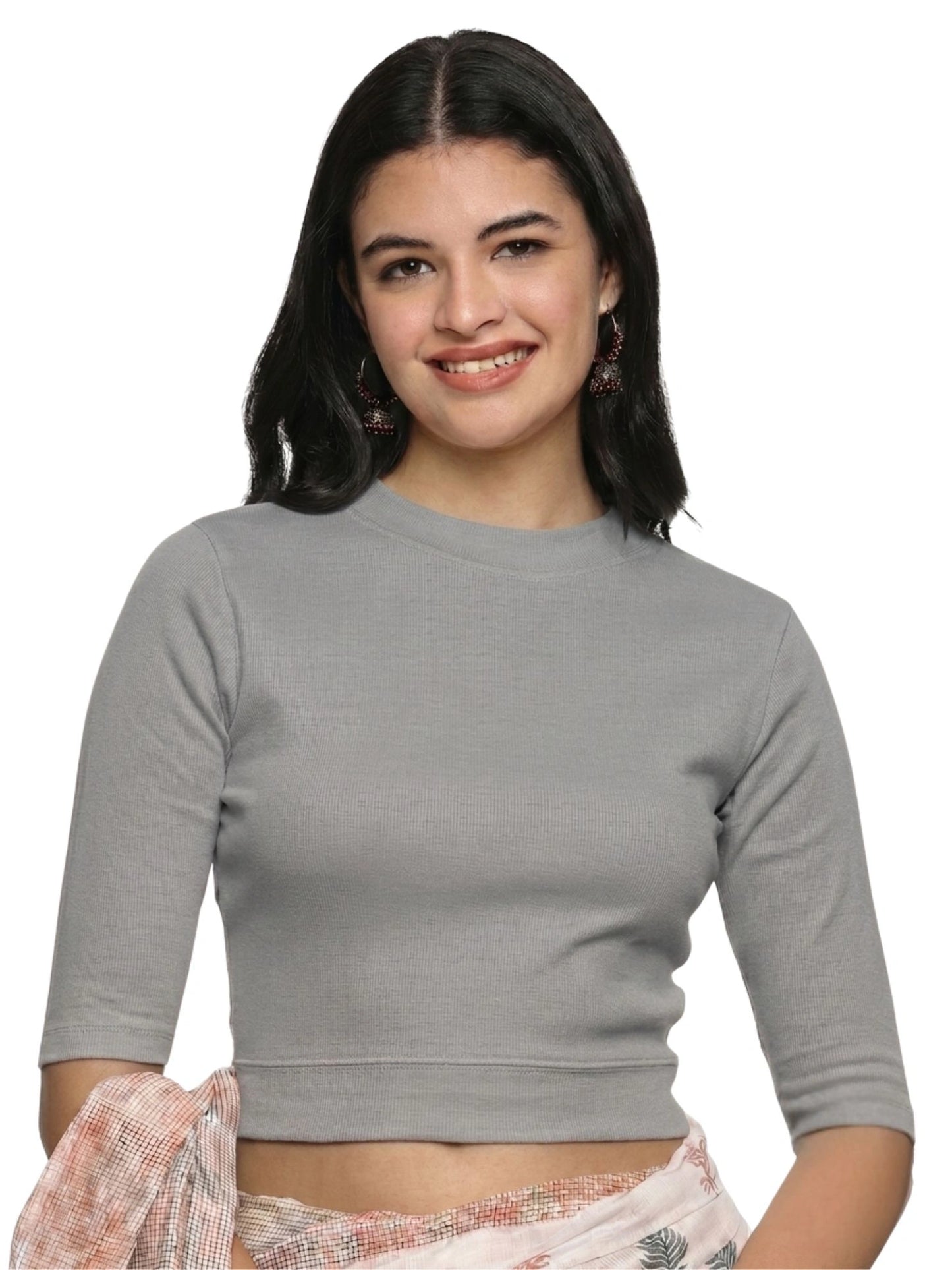 Women Back Printed Stretchable Elbow Sleeve RIB Blouse U0145 LT Steel Grey