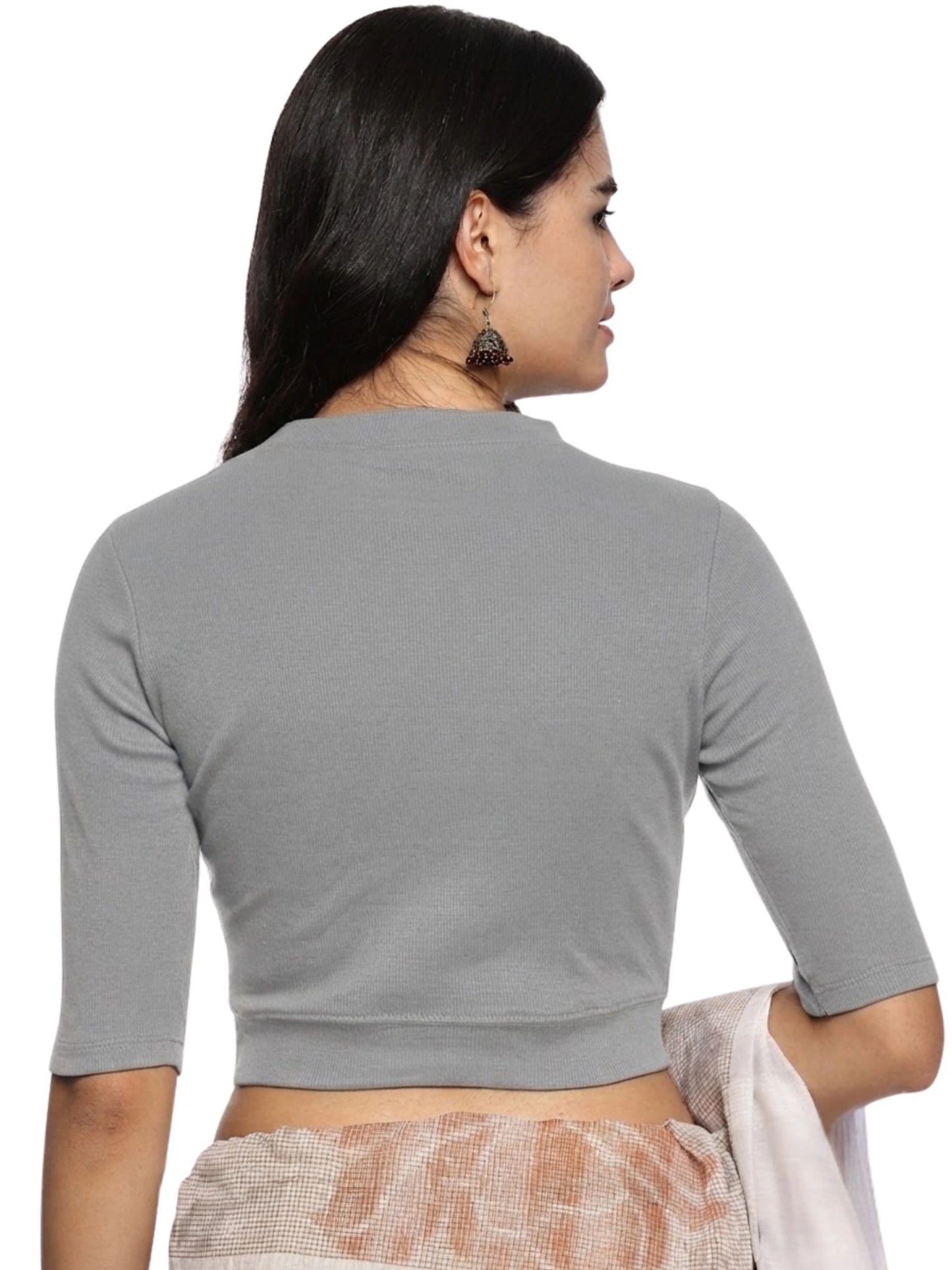 Women Plain Stretchable Elbow Sleeve RIB Blouse U0121 LT Steel Grey