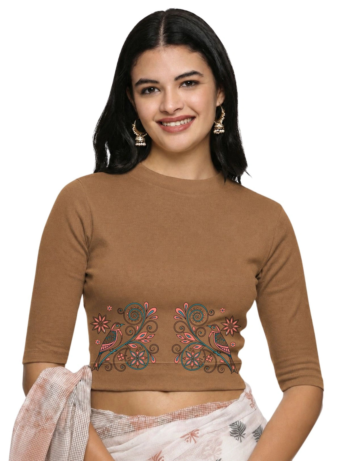 Women Back Printed Stretchable Elbow Sleeve RIB Blouse U0156 Biscuit