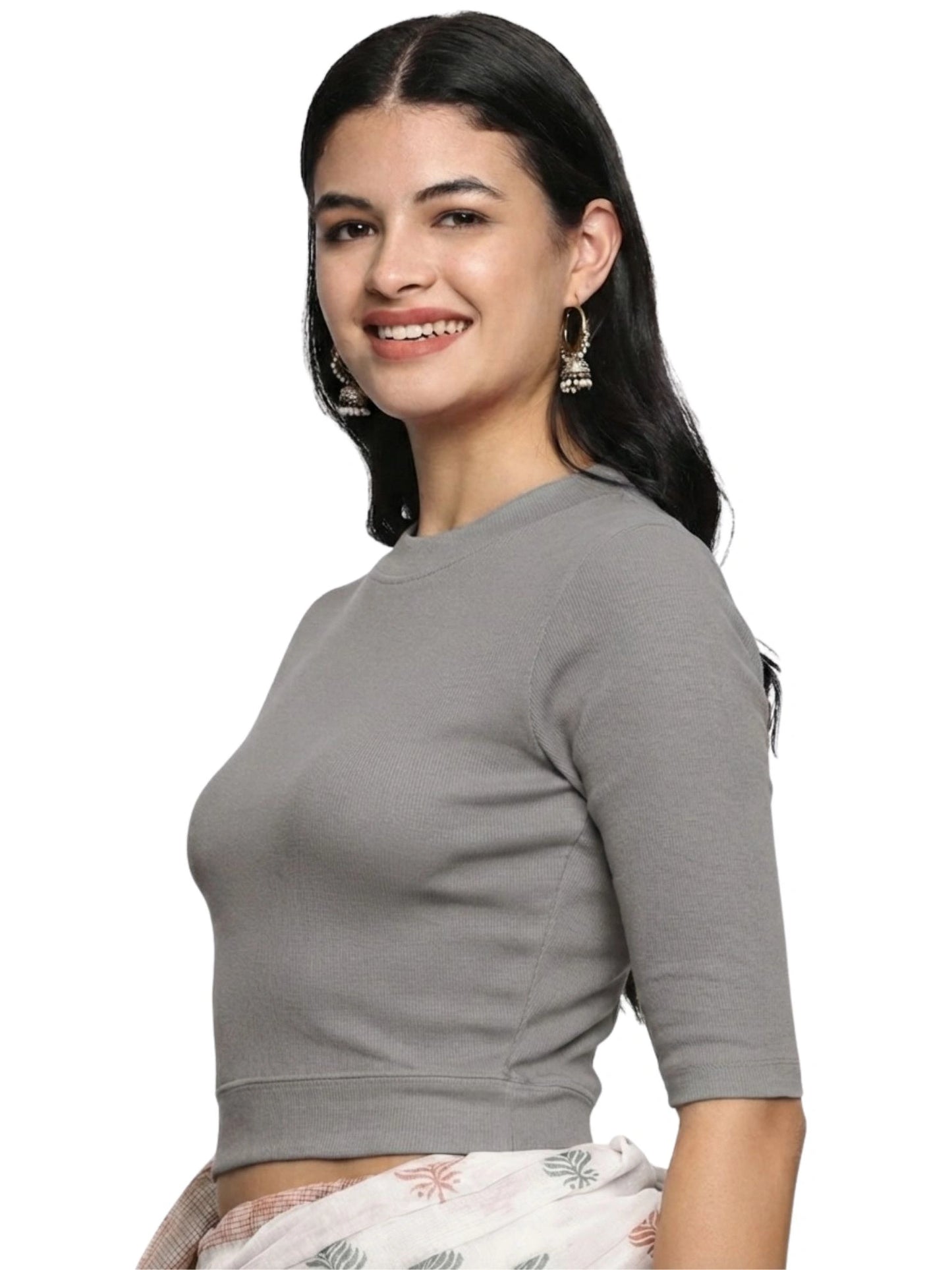 Women Plain Stretchable Elbow Sleeve RIB Blouse U0121 LT Steel Grey