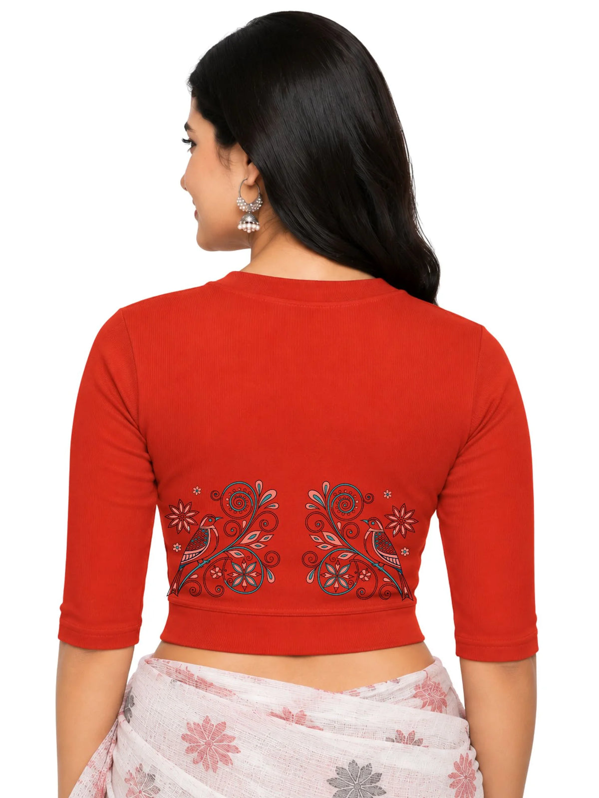 Women Back Printed Stretchable Elbow Sleeve RIB Blouse U0156 Dark Orange